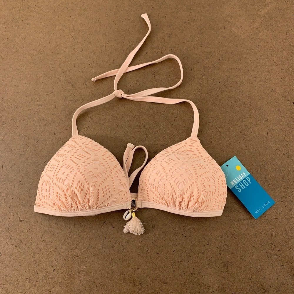 New Look Womens Bikini Swim Top Padded Coral Crochet Halter Size 4 New